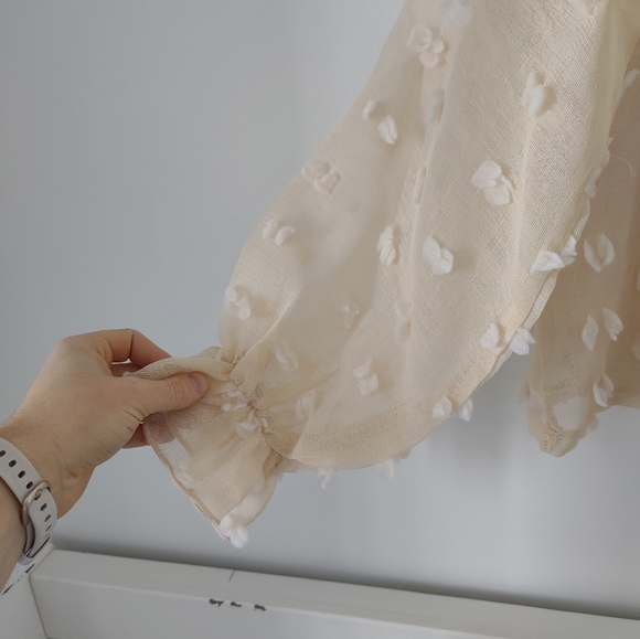 SHEIN cream tufted sheer top with cream lining, gathered sleeve cuffs, mock neck - Picture 3 of 15